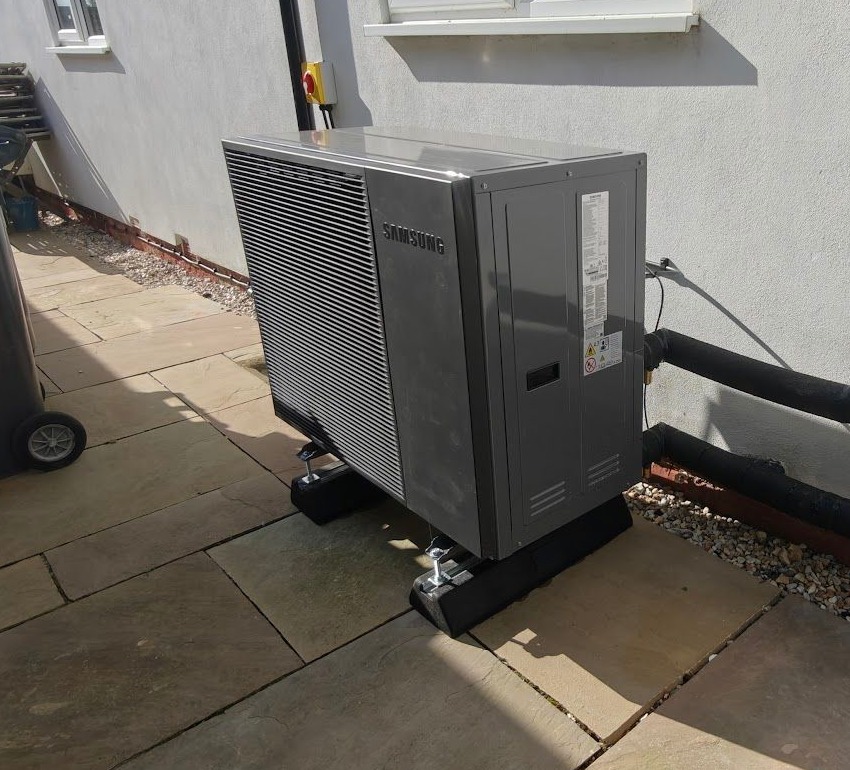 Close-up of an air source heat pump, designed as an open loop by BECS